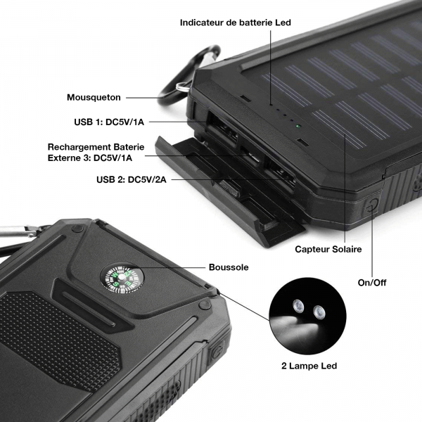 5 Batería solar externa de 20.000 mAh, resistente al agua y a los golpes y muy potente